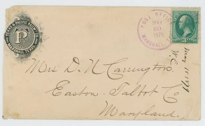 Mr Fancy Cancel 3c CUBIERTA DE ANUNCIO ILUSTRADA TEXAS Y PACÍFICO RR ATADO PO MARSHALL TEX 79 Foto 1 de 3