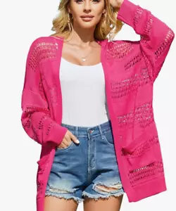 Cardigan donna taglie forti aperto davanti maglia uncinetto maglione manica lunga rosa XL - Foto 1 di 5