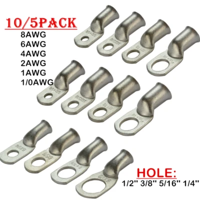 10/5 Pack Battery Bare Copper Ring Lug Terminals Wire Connector Kit 8/6/4/2 AWG - Image 1 of 4