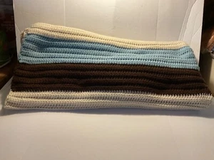 HANDMADE AFGHAN THROW BLANKET BEIGE, BROWN, AQUA 52 X 72 PRE OWNED - Picture 1 of 1