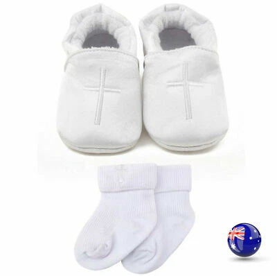 Baby Shower Niño Niño Blanco Cruz Bautizo Boda Fiesta Primeros Zapatos O Calcetines  Foto 1 de 4