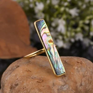 Long Rectangle Abalone Shell Gemstone Ring Sterling Silver Gold Statement Ring - Picture 1 of 10