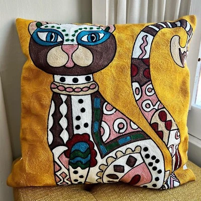 Laurel Burch Inspired  Abstract Cat Embroidered Throw Pillow Cover 18x18 - Image 1 of 4