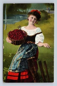 AK Dame hält Korb mit Kirschen nahe Fluss um 1908 Deutschland - Bild 1 von 2