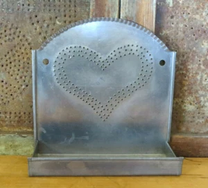 Vintage Stamped Metal Punched Tin Primitive Heart Wall Spice Shelf / Candle Box - Picture 1 of 7