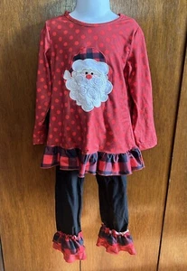 Girls Sparkle In Pink 2-Pc Ruffled Red/Black Christmas Outfit•Santa Face•M - Picture 1 of 10