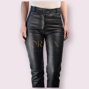 Black Vintage Leather Tight Leather Pants For Ladies Slim Fit Real Soft Leather - Picture 1 of 7