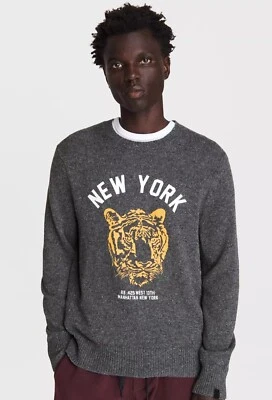 NWT Rag & Bone Sweater MED Gray Tiger Pullover Donegal Varsity Crew $295 NEW YRK - Image 1 of 4