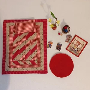 Miniature Dollhouse lot Red, blue handmade quilt with accessories Picture - Picture 1 of 9