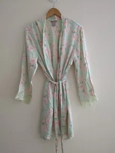 Vtg Nordstrom Lingerie 100% Silk Robe Medium Large Floral Wrap pink mint lace - Picture 1 of 6