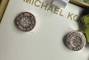 NEW MICHAEL KORS ROSE GOLD, MAUVE CRYSTAL ROUND LOGO STUD EARRINGS MKJ8223 NIB - Picture 1 of 2