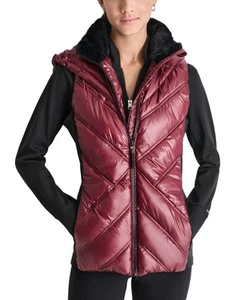 DKNY Sport Women Regular fit Quilted Vest Small Red Hooded - Picture 1 of 1