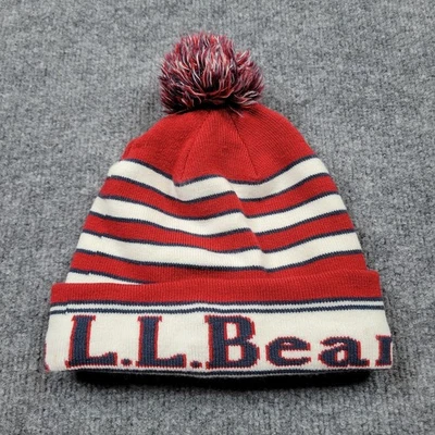 LL Bean шляпа Beanie вязаный один размер красный белый синий Pom Pom зимние мужские OSFA лыж - Изображение 1 из 4