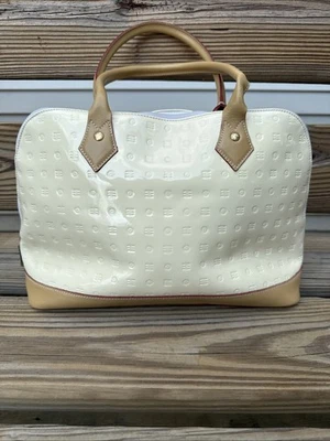 ARCADIA Italy Patent Leather handbang Cream W Gold tone Zip Logo Tan Handles & B - Image 1 of 4