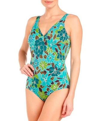 Miraclesuit Wrap Floral Swimsuit 1 PC Teal Green Flowers Size 14 NEW - Image 1 of 4