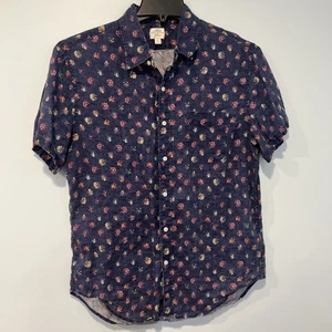 J Crew Leinenhemd Herren Large Blau Blumen Knopfleiste Kurzarm Preppy Classic - Bild 1 von 9