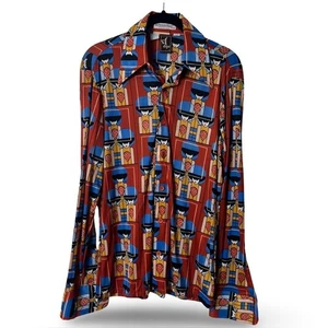Deje Men's 70s Mod Geometric Art Print Disco Shirt Red Blue Yellow Nylon – Sz. M - Picture 1 of 7