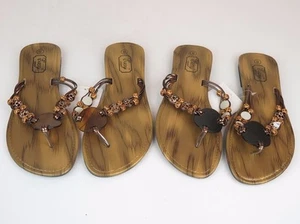 Women's Shell Flip Flops Sandals w/ Beads - Black or Carnelian Sizes 6-11 New - Picture 1 of 7