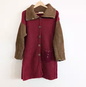 MARGARET WINTERS Cardigan S Red Brown Color Block Longline Button Front Sweater - Picture 1 of 15