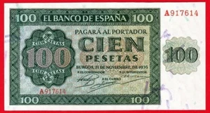 Serie scarsa, UNC, 100 Pesetas, 1936 ''Burgos'' Serie A, Spagna - Foto 1 di 2