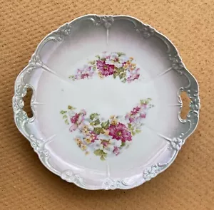 Antique Cake Plate Unmarked Embossed Flowers Scalloped Pink White - Picture 1 of 3