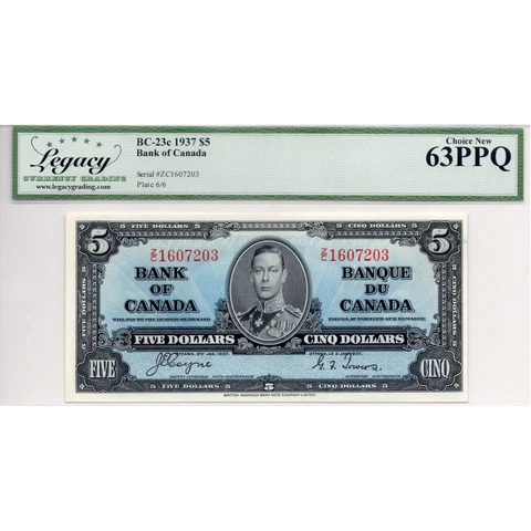 $5 1937 Bank of Canada Note Coyne-Towers Z/C Prefix BC-23c - Legacy UNC-63 PPQ Cover