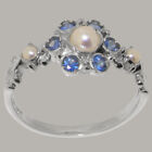 Solid 9ct White Gold Full Pearl & Sapphire Womens Ring - Sizes J to Z
