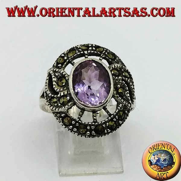 Anello in Argento 925‰ a forma di boccino ametista ovale naturale e marcasite - Immagine 1 di 1