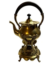 Vintage Victorian Brass Tea Pot Kettle w/ Burner Warmer Stand Wood Handle - Picture 1 of 8