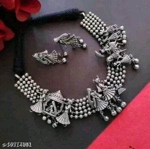 Juego de pendientes gargantilla collar joyería india oxidada plata afgana Bollywood - Imagen 1 de 2