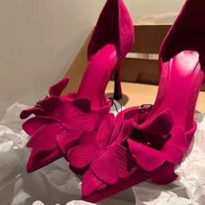 Damen-High-Heels rosa rot Blumen spitz zulaufend dünne Absätze Frühling neu sexy französisch - Bild 1 von 21