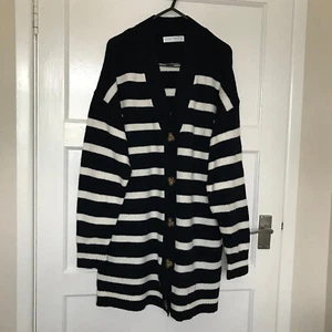 Primark Blue White Srtipe Cardigan Size 10 12 Oversized Long Sleeve Knit Acrylic - Picture 1 of 11