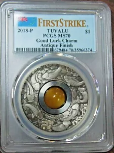 2018-P Ciondolo Buona Fortuna Tuvalu $1 .9999 Argento Moneta Antiquata PCGS MS70 FS - Foto 1 di 9