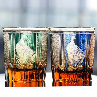 2Pcs Edo Kiriko Crystal Whiskey Glasses Hand Cut To Clear Green 9oz Gift Packing - Image 1 of 4