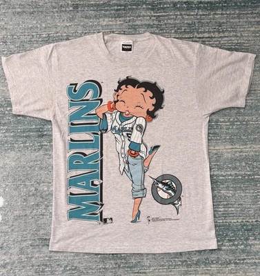 Vintage 1994 Tultex Betty Boop T-Shirt Gray Betty Boop Marlins Graphics Unisex L - Image 1 of 4