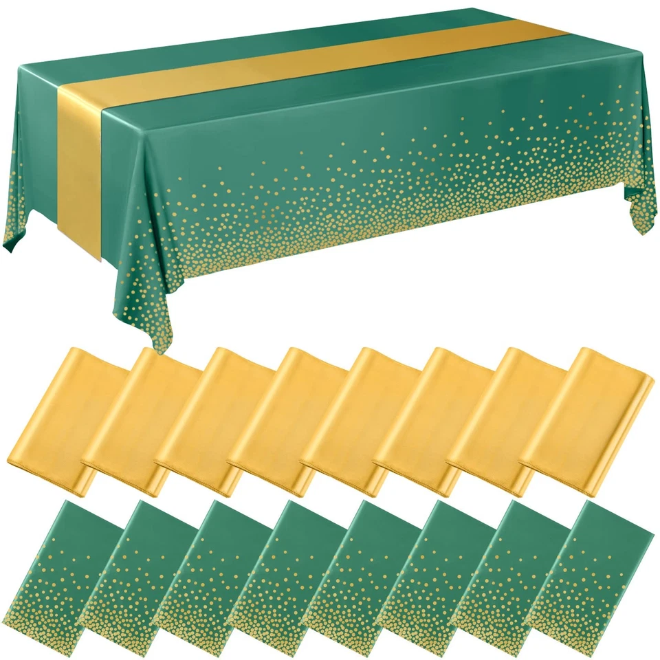 16 Pcs Green and Gold Disposable Plastic Tablecloths and Satin Table Runner S... - Image 1 of 4