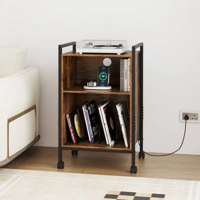 3-Tier Rolling Record Player Stand w/Charging Station Open Shelves for Bedroom - Image 1 of 4