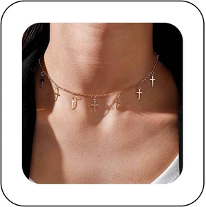 Vintage Cross Dangle Choker Necklace Gold Cross Crucifix Necklace Tiny Cross Col - Picture 1 of 12