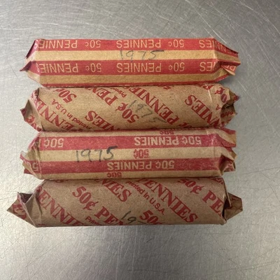 1975 Lincoln Memorial Cent Roll - Circulated 4 Rolls Mixed Mints Unsearched - Image 1 of 4