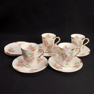 Limoges PM de M Old Abbey Set 4 Chocolate Cups & 6 Saucers Pink Gold 1908-1913 - Picture 1 of 12