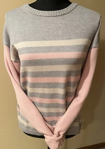 EUC Womens Nautica Crew Neck Sweater Soft Stretchy Gray Pink Beige Striped XS - Picture 1 of 8