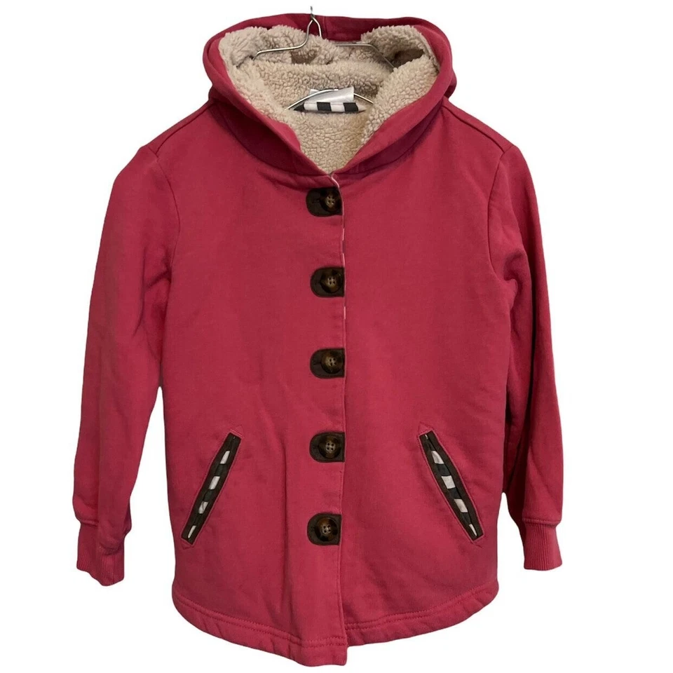 Hanna Andersson Hooded Coat Girls Pink Fleece Lined Button Front Jacket Sz 5 - Image 1 of 4