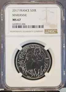 2017 FRANCE SILVER 20 EURO S20E MAIANNE NGC MS 67 GEM BU TOP POP 1 - Picture 1 of 3