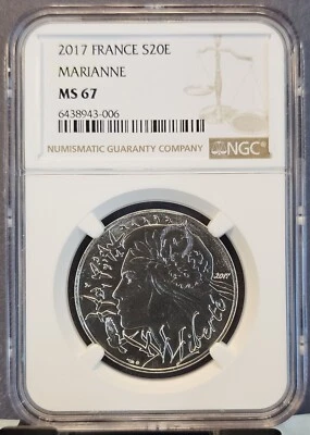 2017 法国银币 20 欧元 S20E MAIANNE NGC 评级 MS 67 宝石 BU TOP POP 1 — 第 1/3 张图片