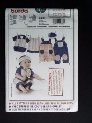 ZA0344 Burda Kids 9711 Size 3m-18m Baby Overalls Short Top Uncut Sewing Pattern - Image 1 of 3