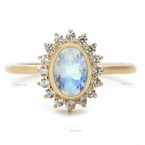 Oval Cut Rainbow Moonstone & Natural Diamond Halo Band Ring in 18K Yellow Gold - Picture 1 of 4