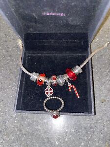 PANDORA Bracelet With Various Red Themed Charms AND Ring