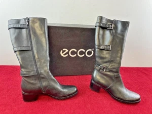 ECCO Damen große hohe schwarze Lederstiefel mit Reißverschluss Größe 7,5 EU 38 Grunge-Schnalle - Bild 1 von 7