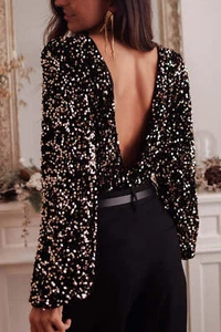 Black Deep V Back Sequin Puff Sleeve Bodysuit - Picture 1 of 8