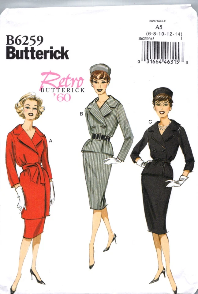 OOP Butterick 6259 Vtg Retro 60s Skirt Suit Double Breast Jacket Sewing Pattern - Image 1 of 1